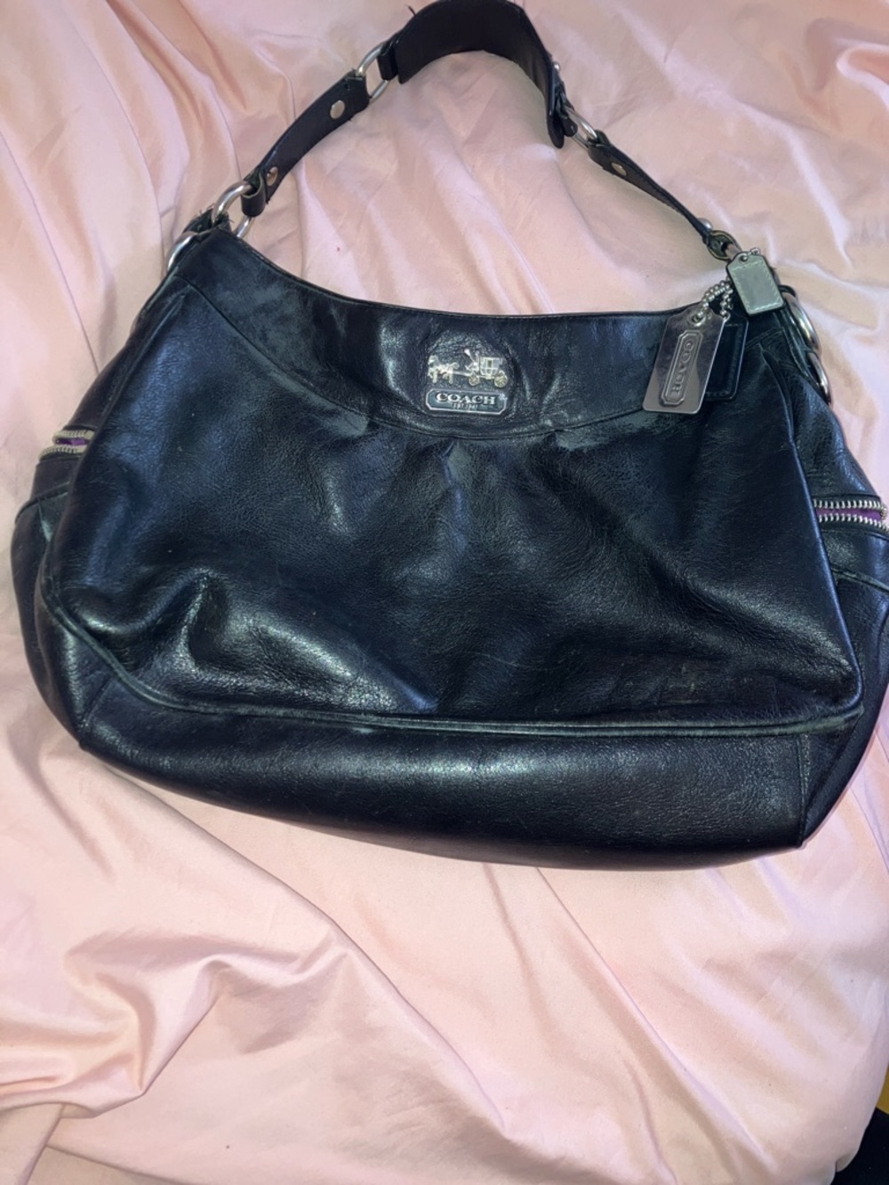 Y2K Coach Black Leather Slouchy Shoulder Bag with Silver Hardware